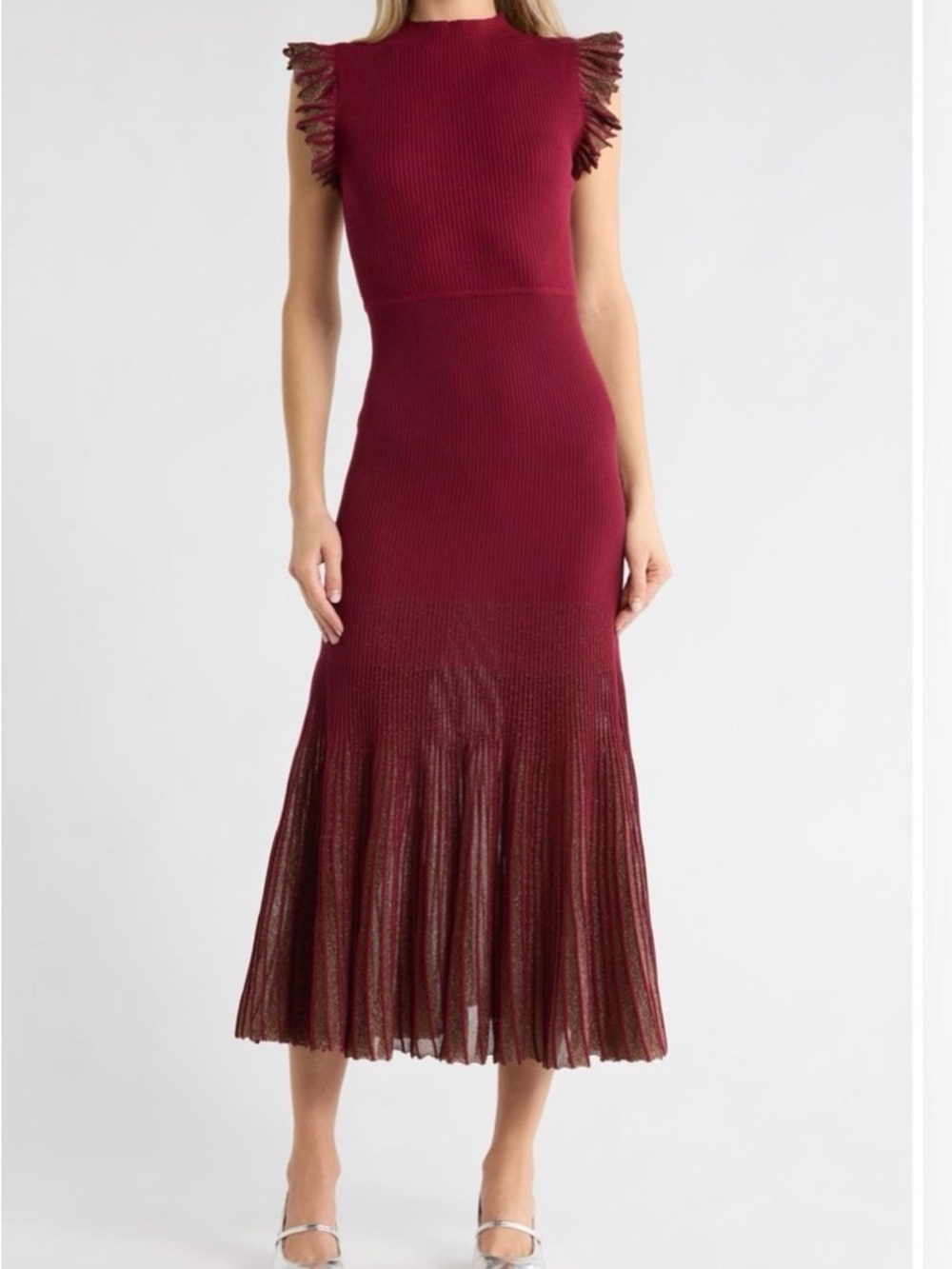 Moon River Sleeveless Wine Red Midi Dress with Pleated Hem